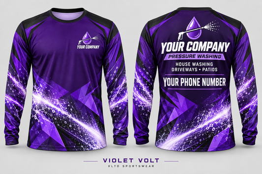 Violet Volt custom pressure washing long-sleeve shirt front and back with company name, phone number and services placeholders.