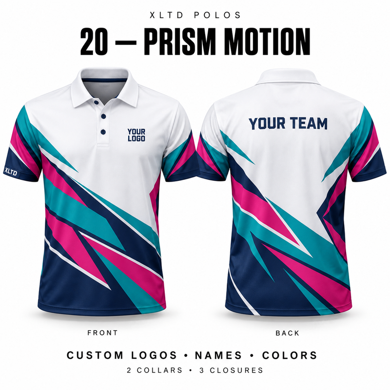 Prism Motion custom polo front and back, Normal Polo collar with 3 Button closure; customizable in White / Teal / Magenta / Navy.