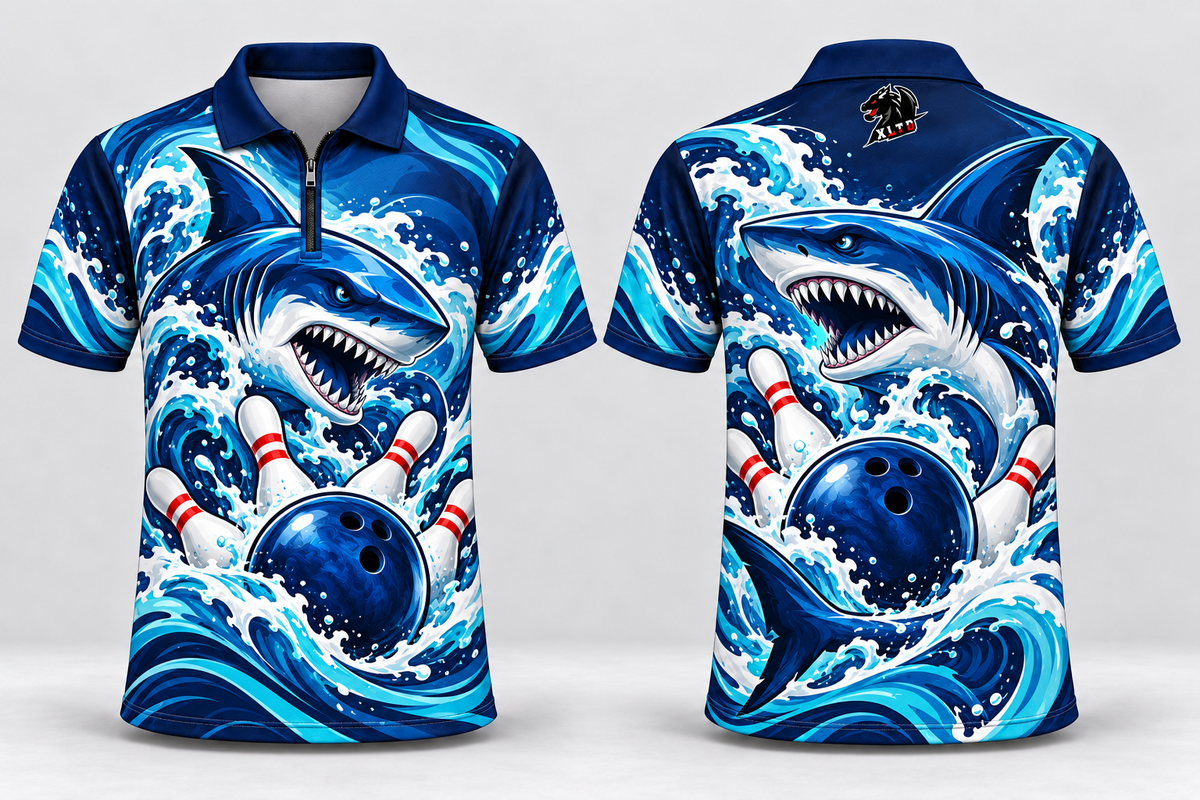 Reef Shark custom sublimated bowling jersey, front and back views with XLTD logo