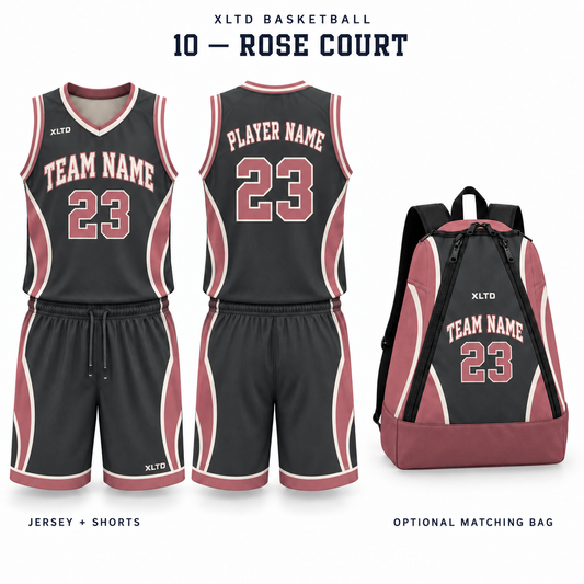 Rose Court XLTD custom basketball jersey and shorts, front and back views, with optional matching tapered backpack.
