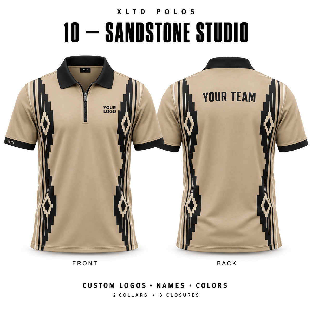 Sandstone Studio custom polo front and back, Normal Polo collar with 1/4 Zipper closure; customizable in Sand / Cream / Black.