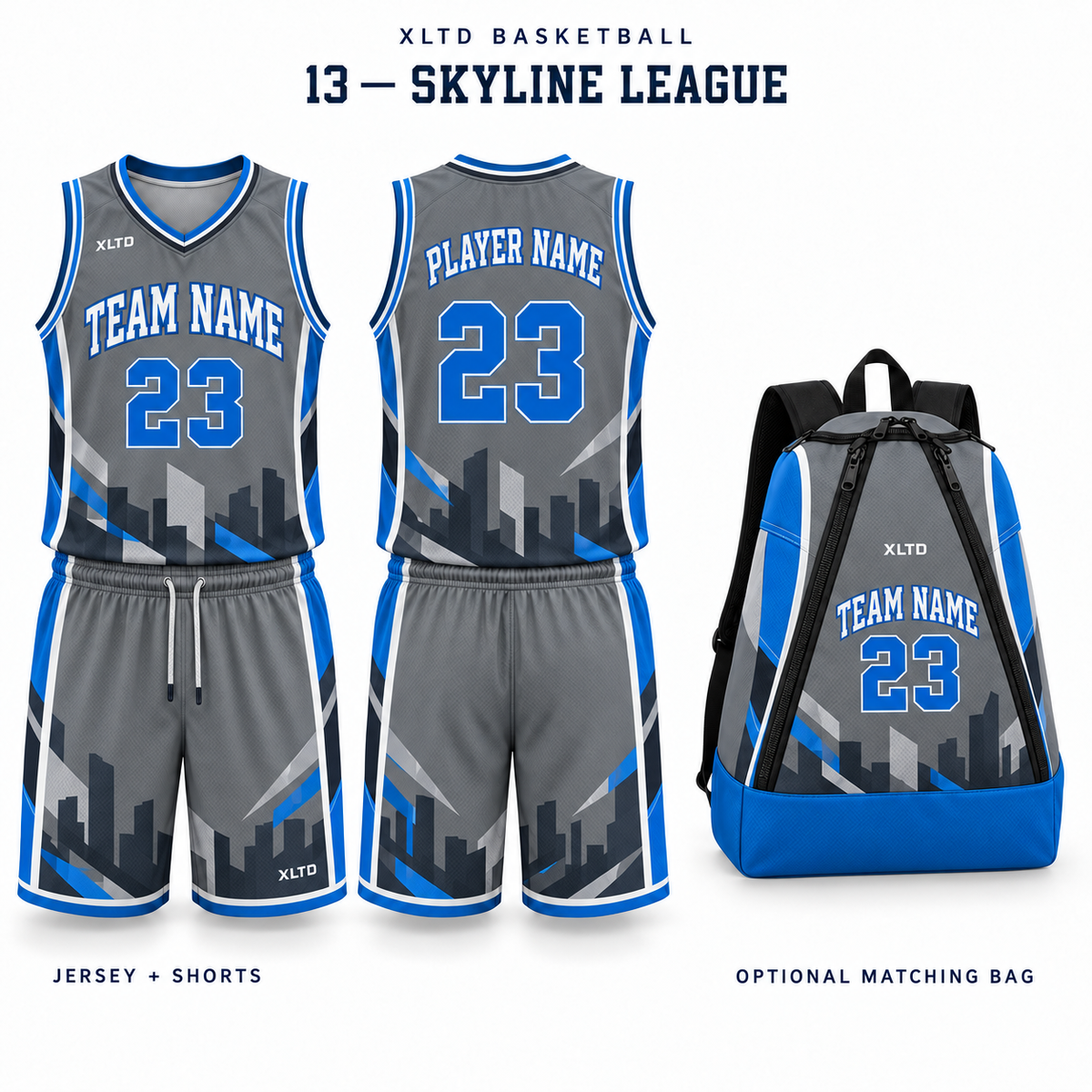 Skyline League XLTD custom basketball jersey and shorts, front and back views, with optional matching tapered backpack.