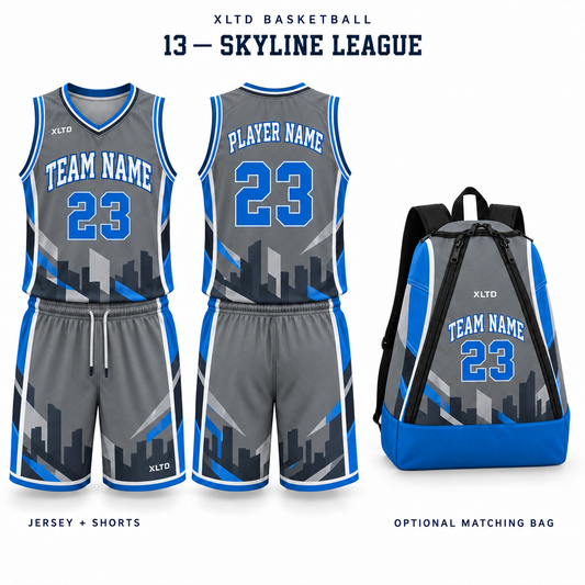 Skyline League XLTD custom basketball jersey and shorts, front and back views, with optional matching tapered backpack.