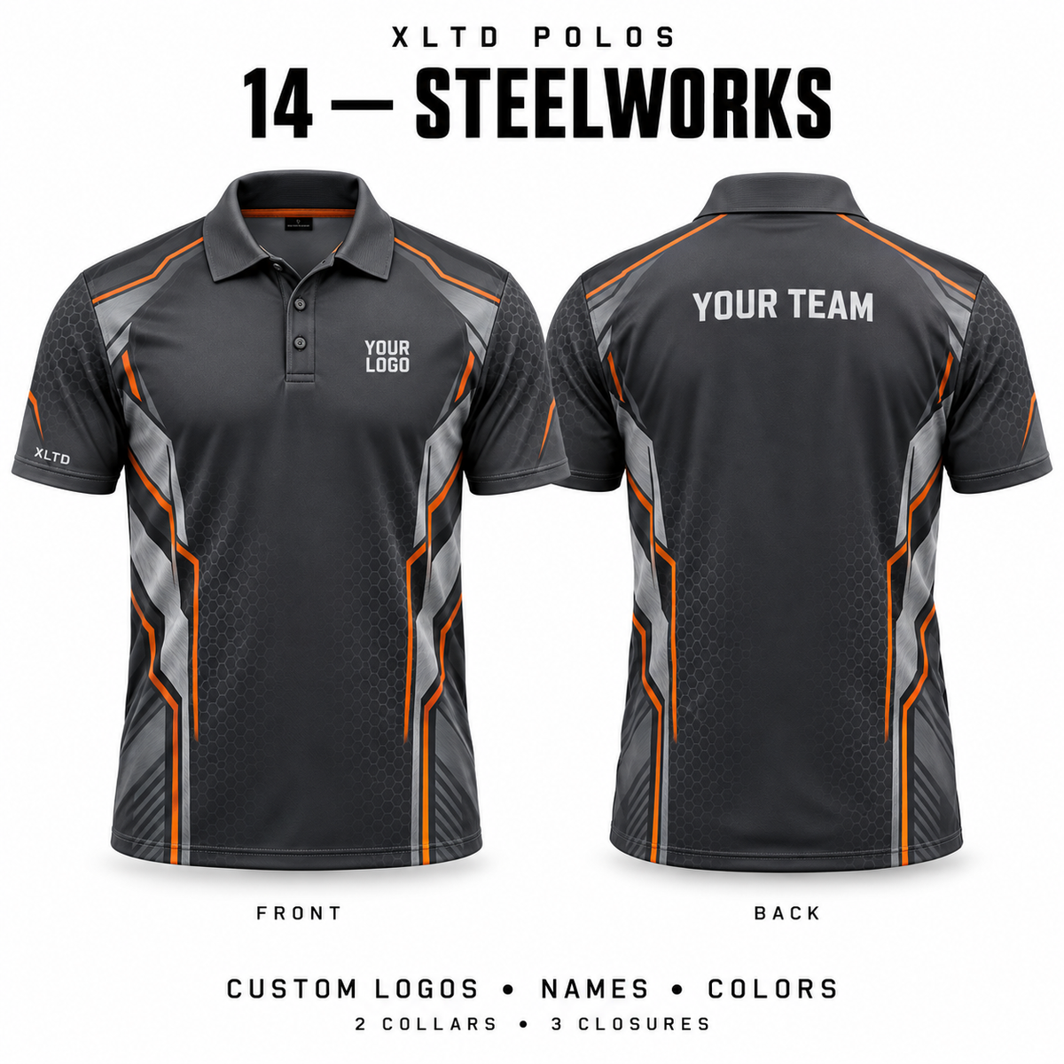 Steelworks custom polo front and back, Normal Polo collar with 3 Button closure; customizable in Graphite / Silver / Safety Orange.