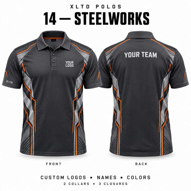 Steelworks custom polo front and back, Normal Polo collar with 3 Button closure; customizable in Graphite / Silver / Safety Orange.
