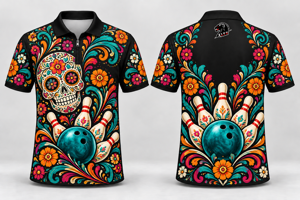 Sugar Skull Fiesta custom sublimated bowling jersey, front and back views with XLTD logo