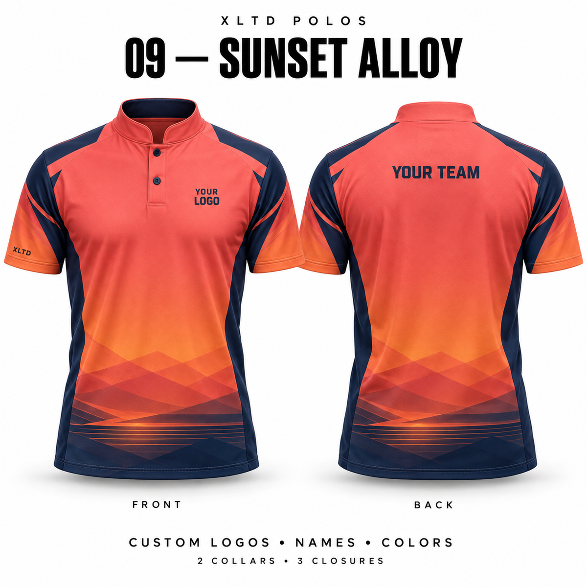 Sunset Alloy custom polo front and back, Mandarin / Stand-Up collar with 2 Button closure; customizable in Coral / Orange / Navy.