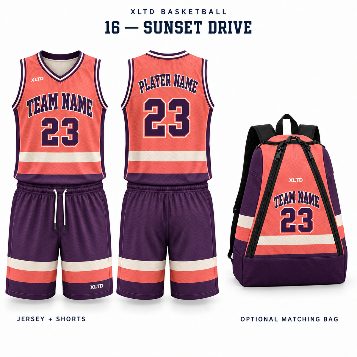 Sunset Drive XLTD custom basketball jersey and shorts, front and back views, with optional matching tapered backpack.