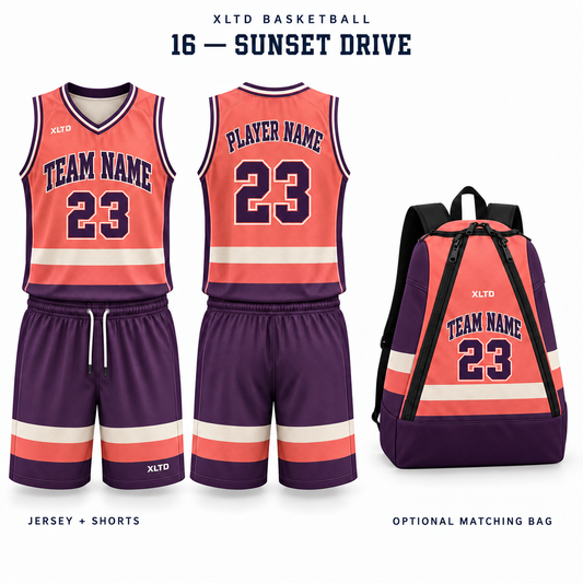 Sunset Drive XLTD custom basketball jersey and shorts, front and back views, with optional matching tapered backpack.