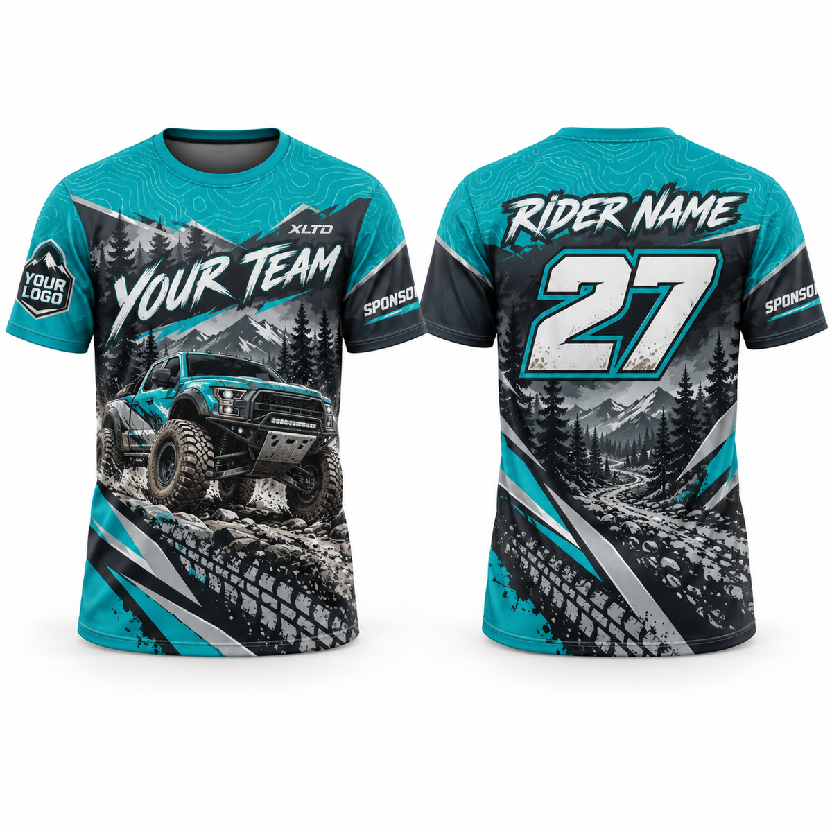 Teal Trail custom off-roading shirt in teal, charcoal, silver and white, front and back with customizable team name, rider name, number, logo and sponsors