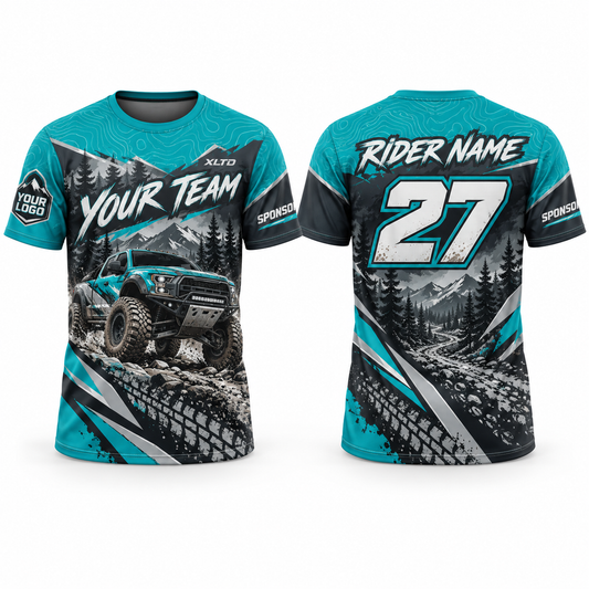 Teal Trail custom off-roading shirt in teal, charcoal, silver and white, front and back with customizable team name, rider name, number, logo and sponsors