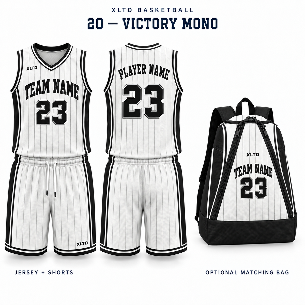 Victory Mono XLTD custom basketball jersey and shorts, front and back views, with optional matching tapered backpack.
