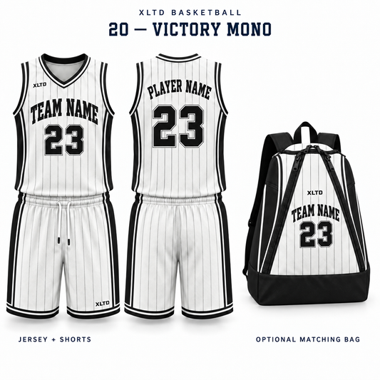 Victory Mono XLTD custom basketball jersey and shorts, front and back views, with optional matching tapered backpack.