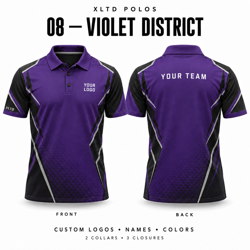 Violet District custom polo front and back, Normal Polo collar with 3 Button closure; customizable in Purple / Black / Silver.