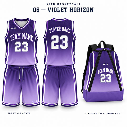 Violet Horizon XLTD custom basketball jersey and shorts, front and back views, with optional matching tapered backpack.