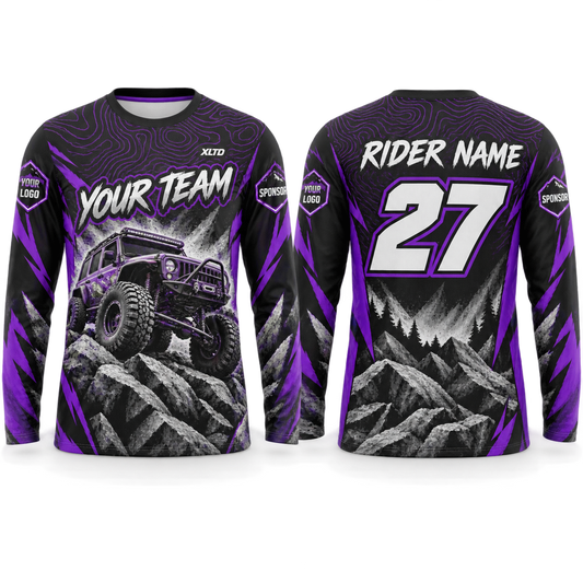 Violet Rock Crawler custom off-roading shirt in purple, black, silver and white, front and back with customizable team name, rider name, number, logo and sponsors